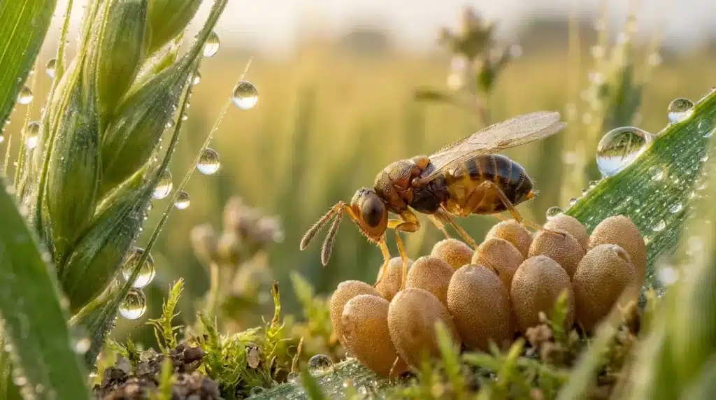 Abeille pollinisant des fleurs couvertes de gouttes de rosée