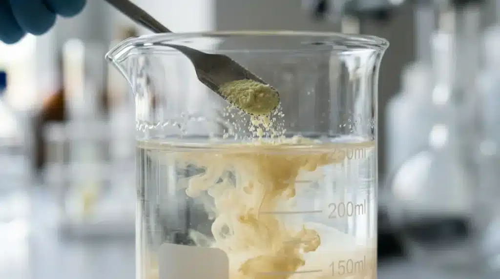 Versement de poudre jaune dans un bécher contenant du liquide