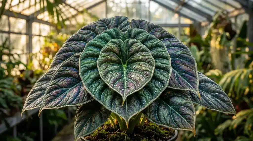 Plante exotique aux grandes feuilles vert foncé texturées en serre