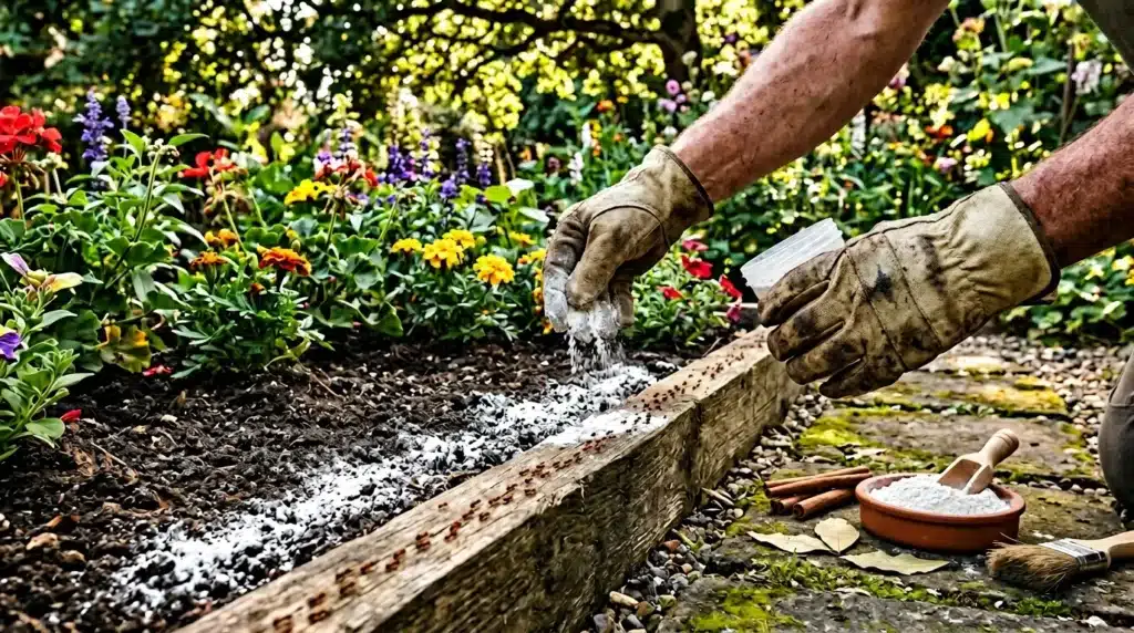 Jardinier versant de la chaux blanche dans un lit surélevé