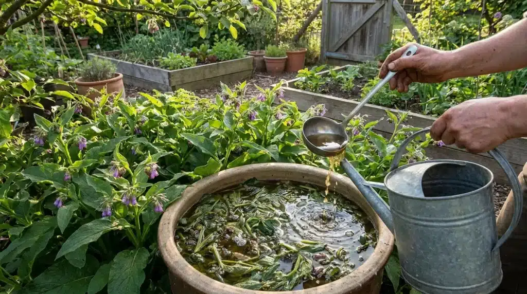 Jardinier arrose les plantes avec un arrosoir métallique