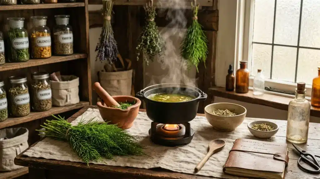 Herbes fraîches, infusion chaude, fioles et recettes manuscrites