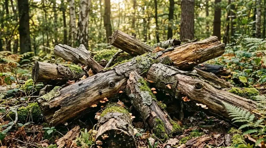 Troncs pourris couverts de mousse dans une forêt