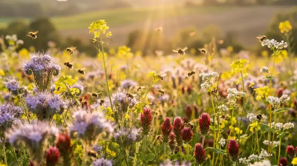 Abeilles pollinisent fleurs sauvages colorées dans prairie ensoleillée
