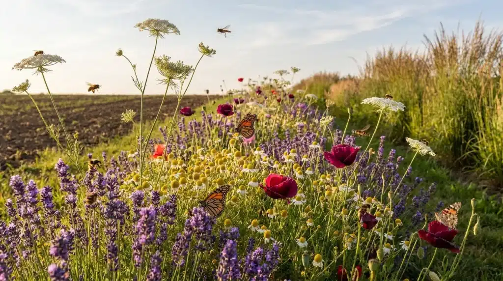 Champ coloré avec fleurs sauvages, papillons monarques et abeilles