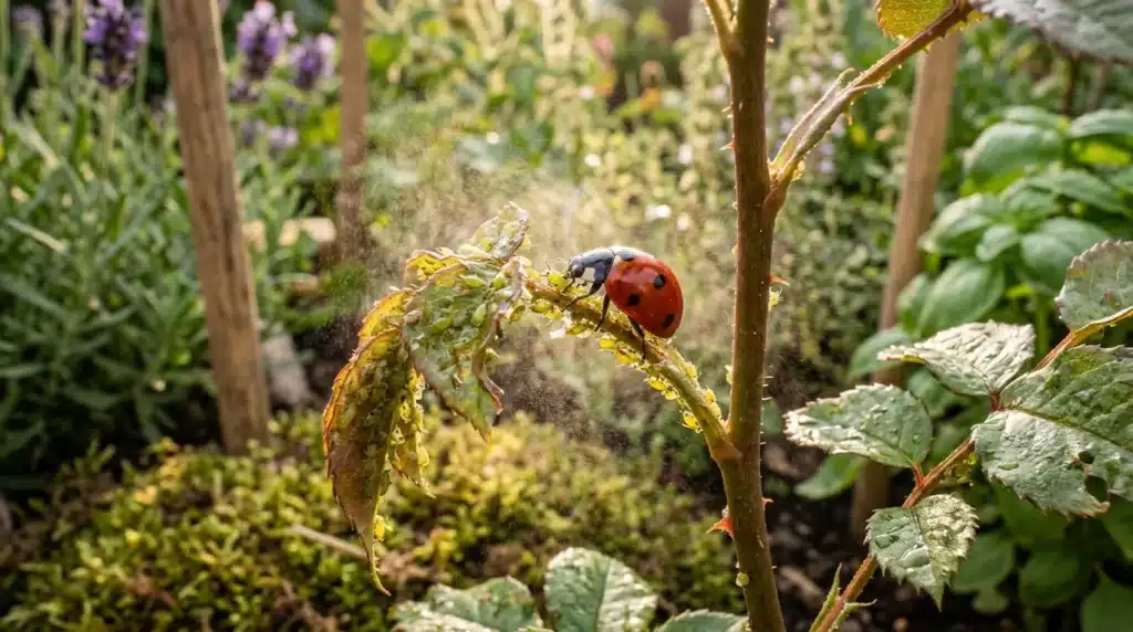 Coccinelle rouge sur feuille jaunie dans jardin herbeux