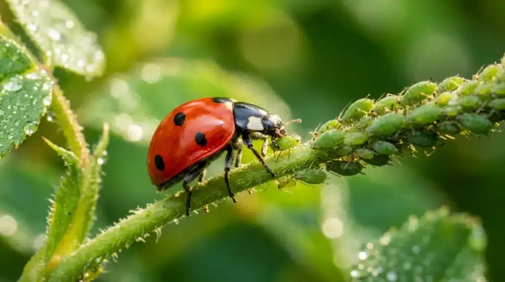 Coccinelle rouge avec points noirs sur branche verte humide