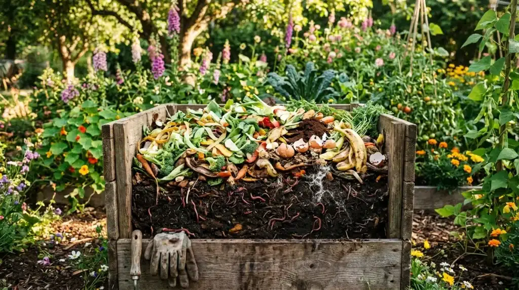 Bac à compost rempli de déchets organiques et de vers de terre