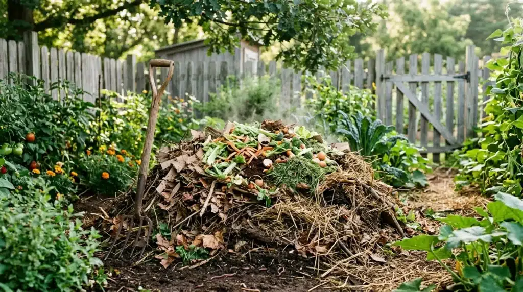 Tas de compost avec déchets organiques et végétaux dans un jardin potager