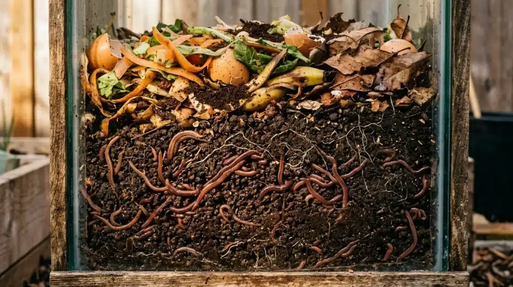 Bac de compost rempli de déchets organiques et vers de terre