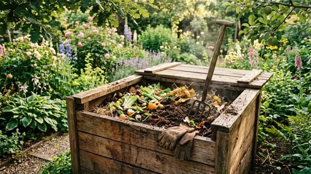 Bac à compost en bois dans un jardin fleuri avec pelle