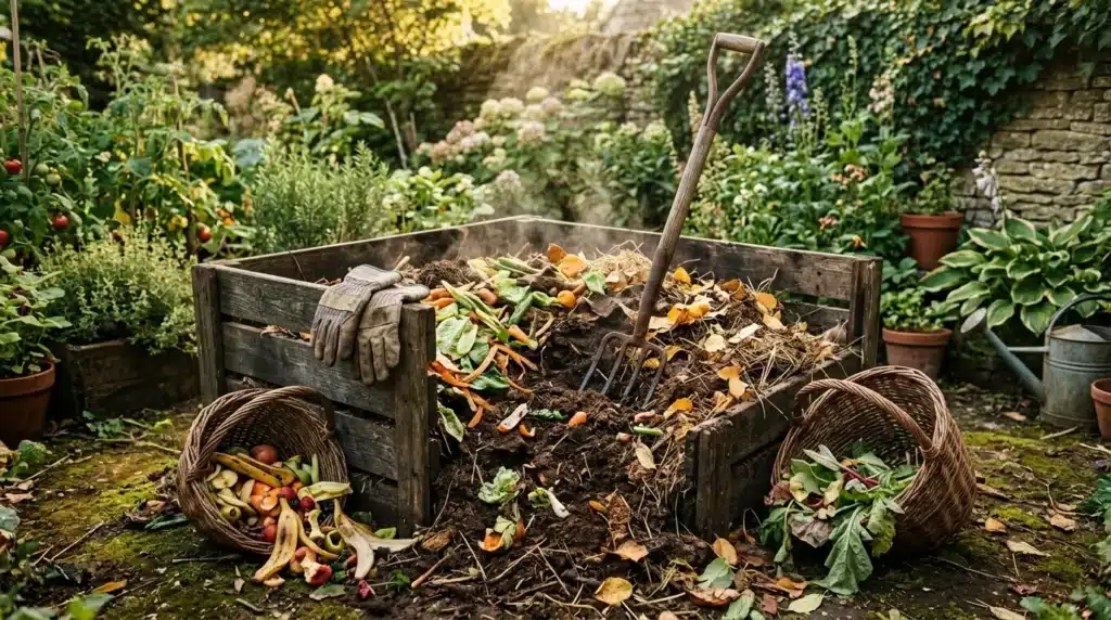 Bac à compost rempli de déchets organiques et feuilles mortes
