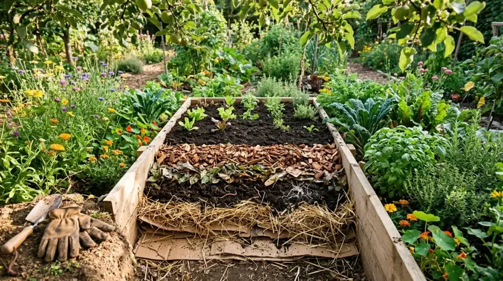Lit de jardin surélevé avec couches de compost et matériaux organiques