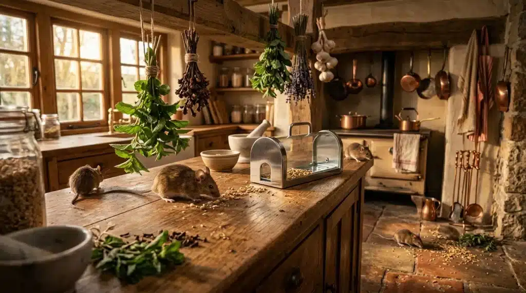 Souris dans une cuisine rustique avec herbes séchées suspendues
