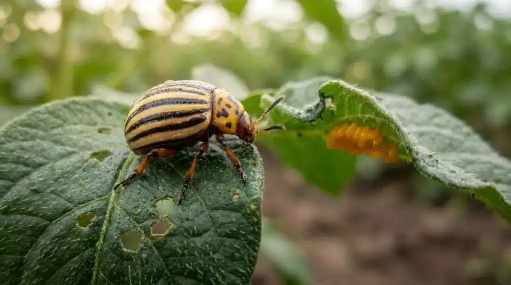 Insecte rayé jaune et noir mangeant une feuille verte