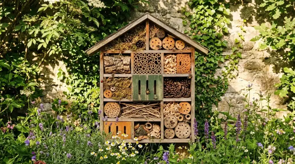 Hôtel à insectes en bois entouré de fleurs sauvages colorées