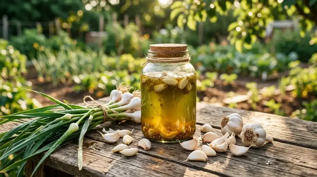 Bocal d'huile d'ail avec ail frais et ciboule au jardin