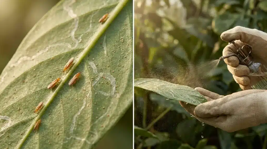 Main examinant des insectes nuisibles sur une feuille de plante