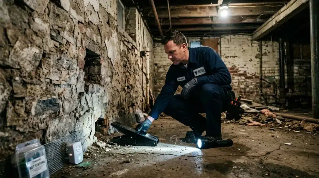 Technicien en bleu inspectant mur humide avec lampe torche