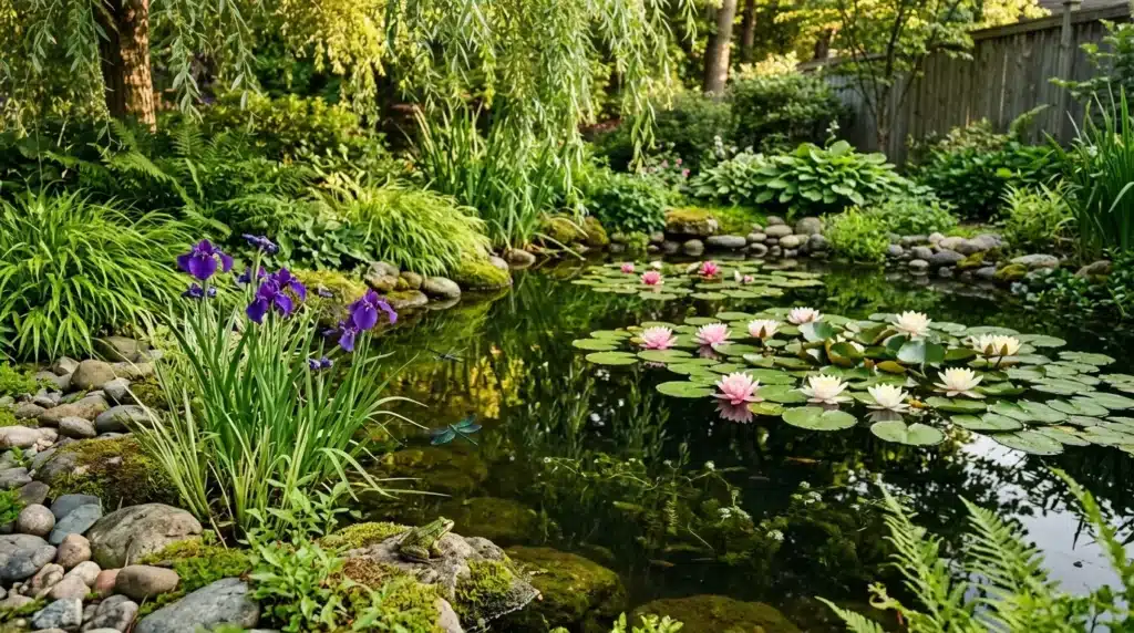 Bassin de jardin avec nénuphars roses, iris pourpres et végétation luxuriante