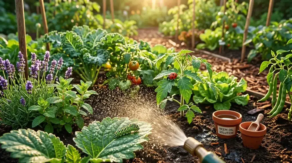 Jardin potager avec légumes, lavande et arrosage biologique