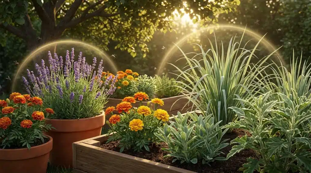 Jardin magique avec fleurs colorées et lueurs dorées