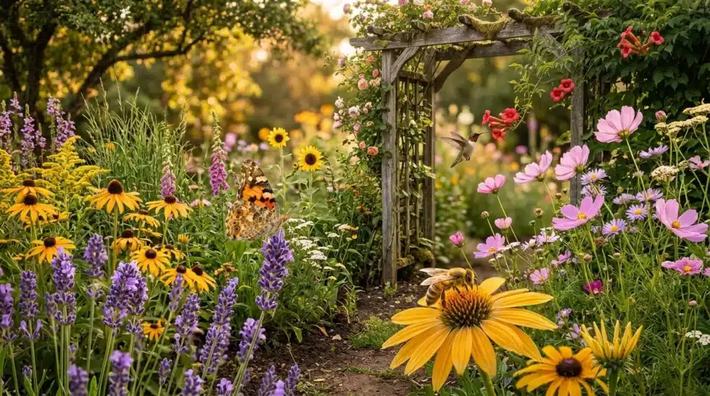 Jardin coloré avec fleurs, papillons, abeilles et pergola boisée