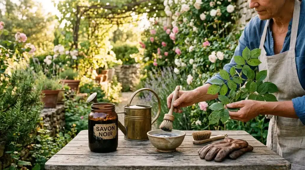 Femme en apron préparant savon naturel dans un jardin fleuri