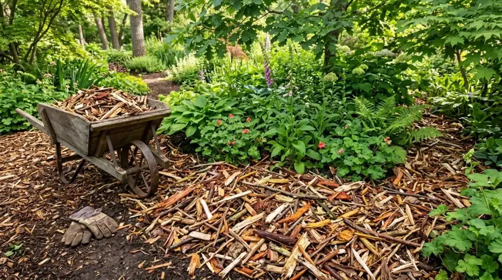 Brouette remplie de copeaux de bois dans un jardin boisé fleuri