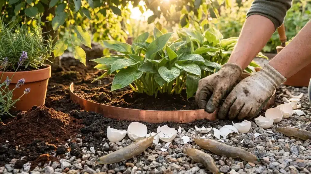 Mains gantées plantant des fleurs dans un jardin surélevé