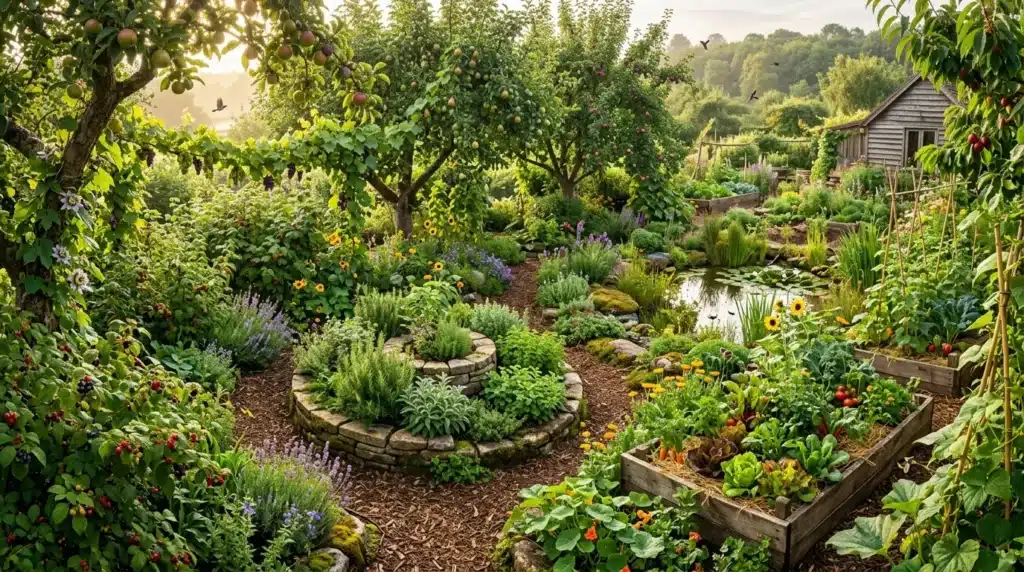 Jardin potager avec fruits, légumes, fleurs et petit étang