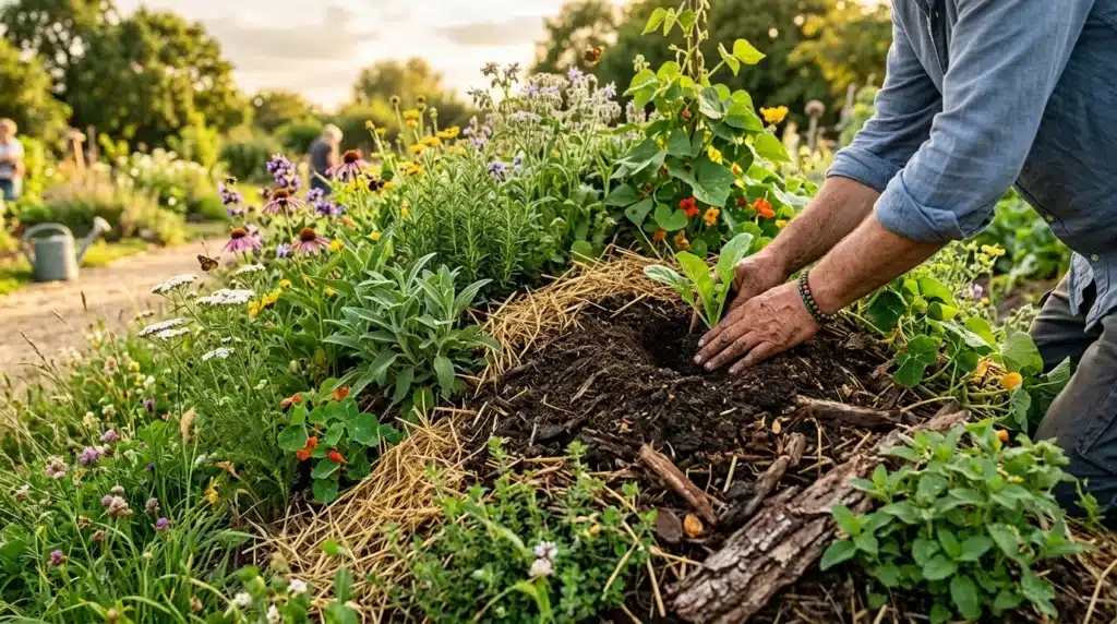 Homme appliquant du compost dans un jardin fleuri