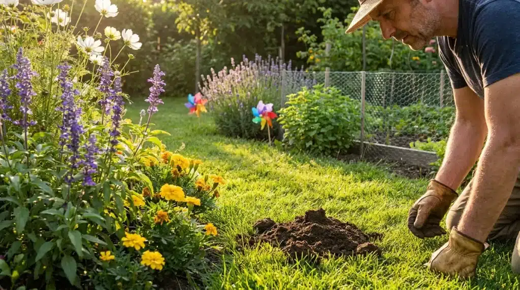 Homme creusant la terre pour planter dans son jardin fleuri
