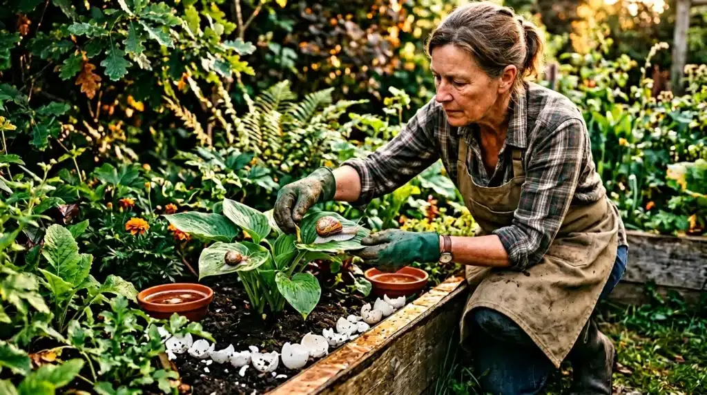 Femme jardinière cueillant des plantes dans son jardin potager
