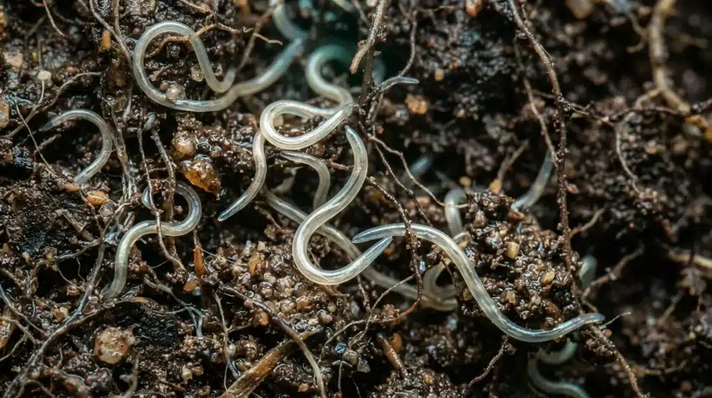 Vers nématodes transparents dans terre humide et matière organique