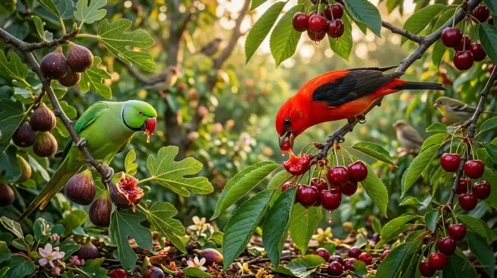 Perroquet vert et oiseau rouge se nourrissent de cerises rouges