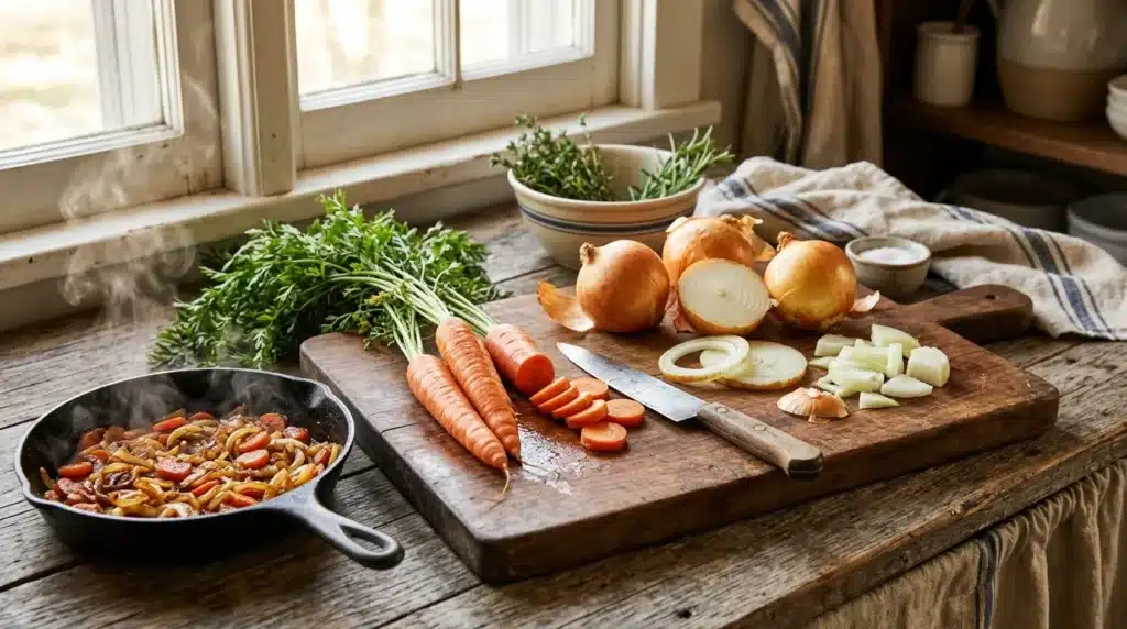 Légumes frais préparés sur planche bois, poêle en fonte.