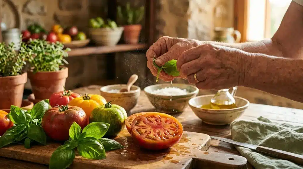 Mains préparant tomates fraîches avec herbes et ingrédients