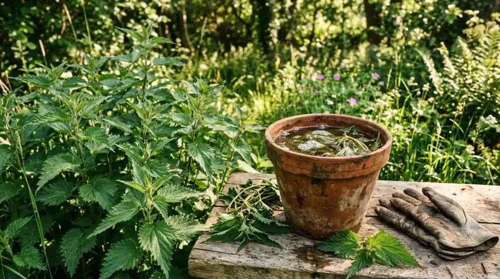 Bol d'eau avec herbes fraîches et gants de jardinage