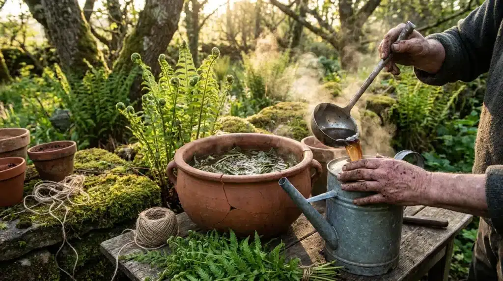 Mains versant eau chaude dans pot de plantes médicinales