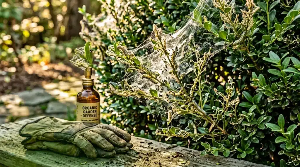 Bouteille défense jardin organique avec gants et plantes