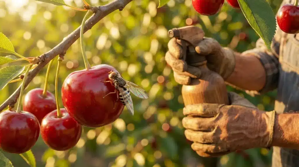 Fermier cueillant des cerises rouges, une abeille butine à proximité