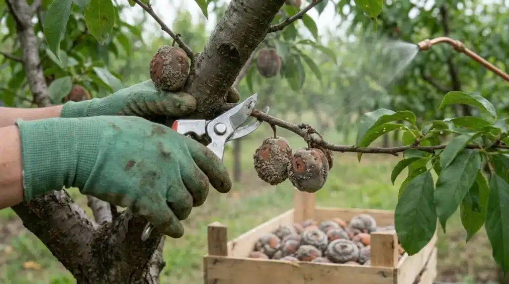Main gantée cueillant des fruits bruns sur une branche d'arbre
