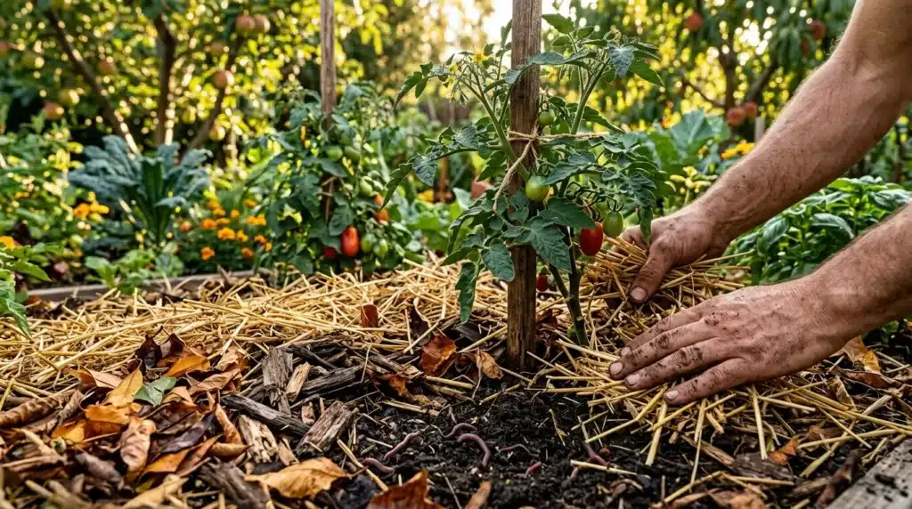 Mains cueillant tomates rouges au jardin potager
