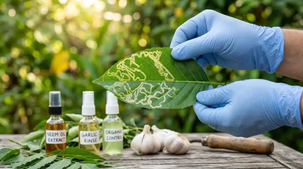 Main gantée tenant feuille endommagée, produits biologiques naturels