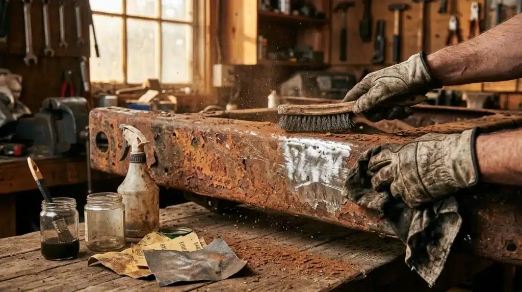 Artisan brossant une pièce métallique rouillée en atelier de restauration
