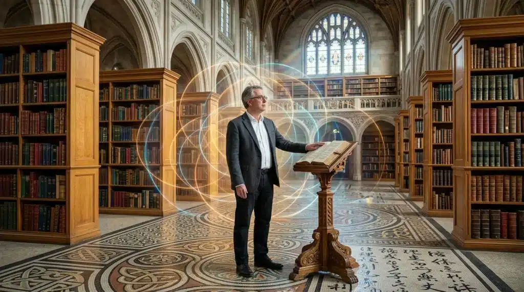 Homme consultant un manuscrit ancien dans une majestueuse bibliothèque