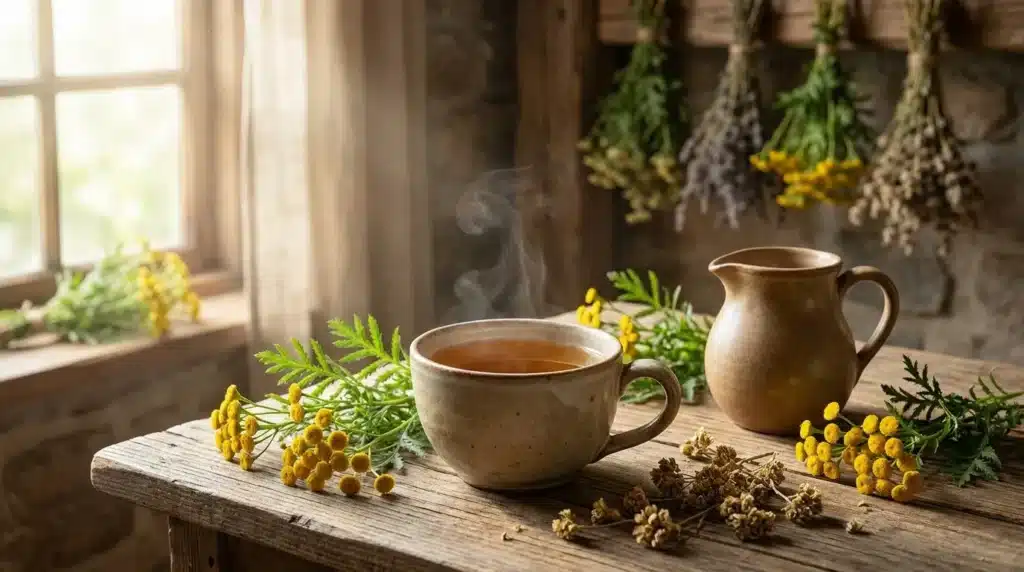 Tasse de thé vapeur, fleurs séchées et cruche rustique