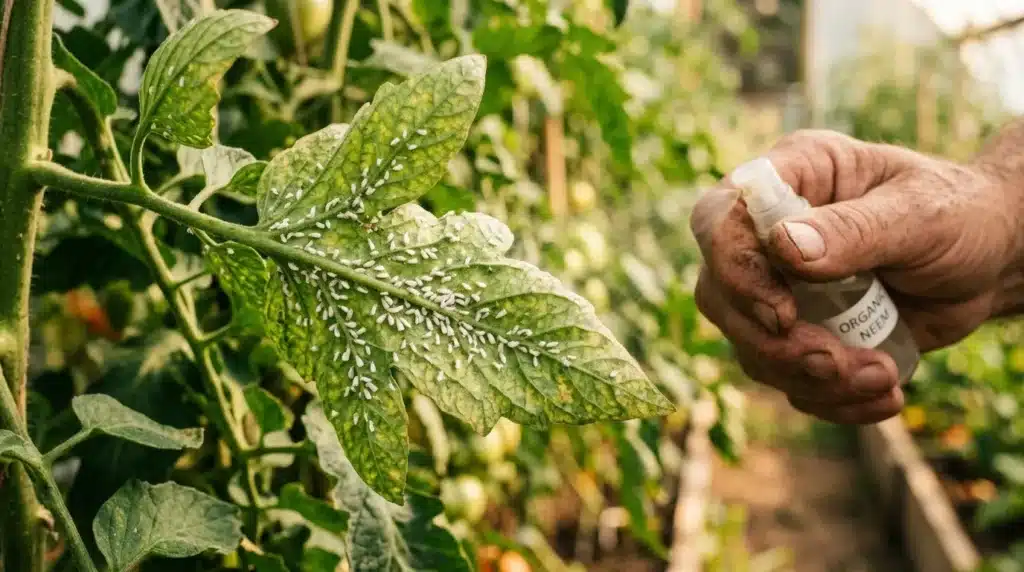 Main appliquant produit organique sur feuilles de tomate infestées