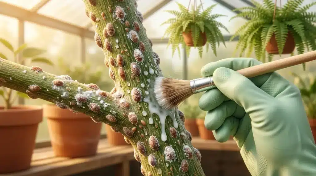 Main gantée nettoyant des cochenilles sur branche verte en serre